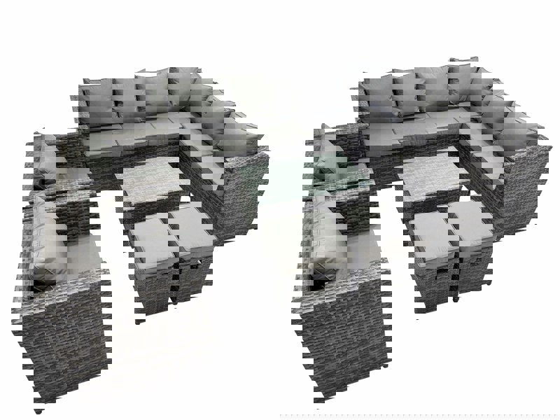 Fimous Patio Sofa Oblong Coffee Table Set Rattan Garden Furniture Set with 2 Chairs 2 Small Stools Dark Grey Mixed