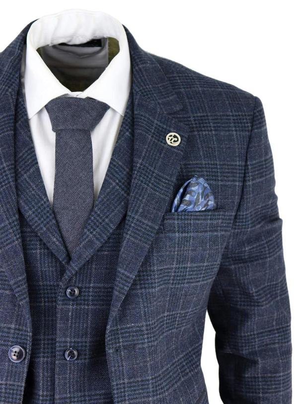 TruClothing Mens Blue Check 3 Piece Tweed Suit Peaky Blinders 1920s Gatsby Tailored Fit