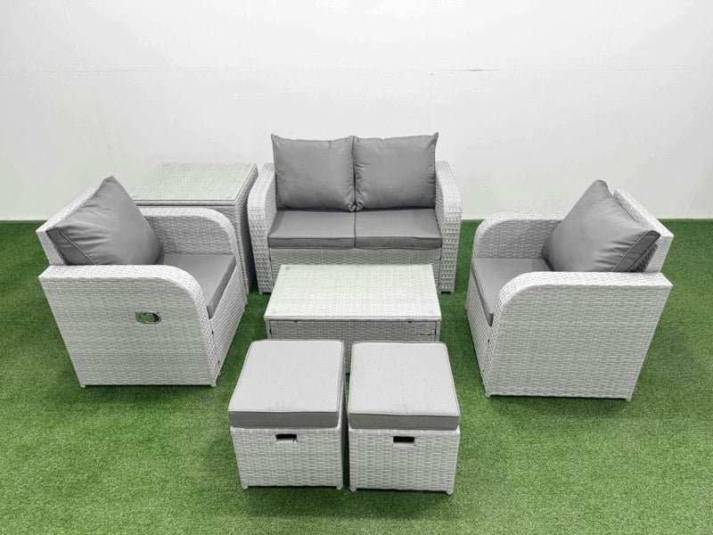 Fimous 6-Seater Light Grey PE Rattan Sofa Set | Outdoor/Indoor Reclining Chair, Rectangular Coffee Table, 2 Footstools, Side Table