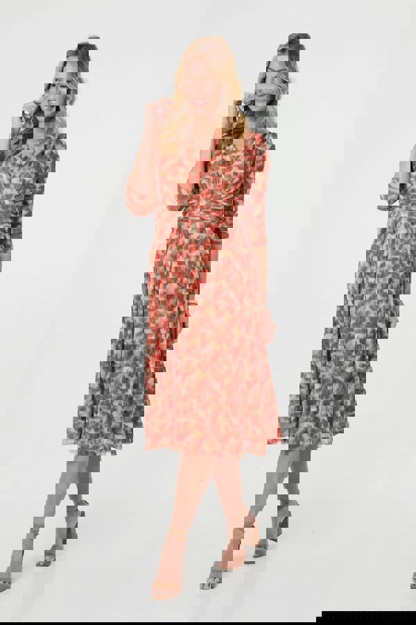 Red | Printed 3/4 Sleeve Midi Faux Wrap Dress
