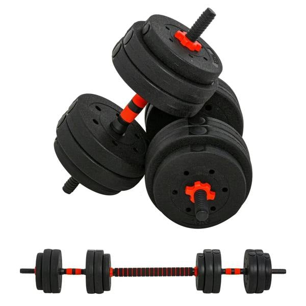 Adjustable weight dumbbell barbell set with black plates and red adjustment accents