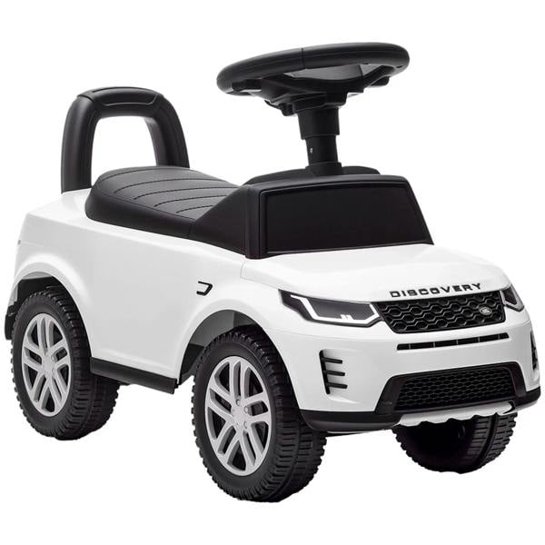 White licensed toddler ride-on car with steering wheel, horn, and chunky wheels