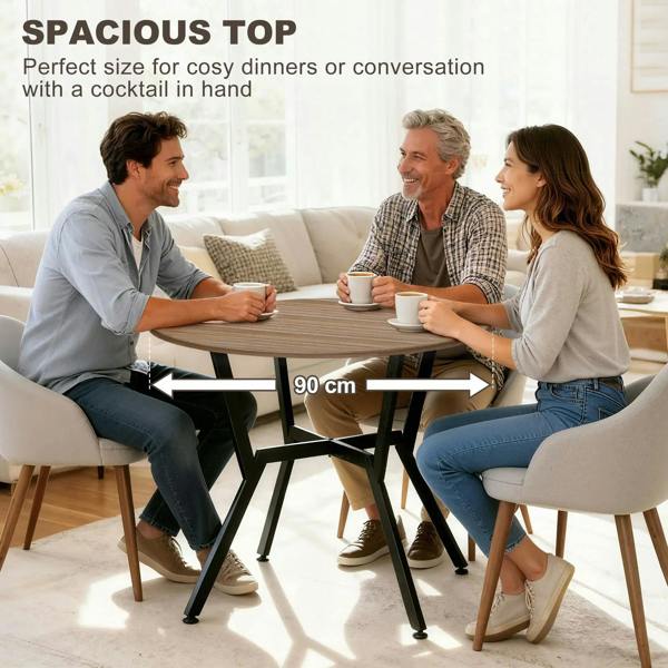 Round brown dining table with black metal legs for four-seat gatherings