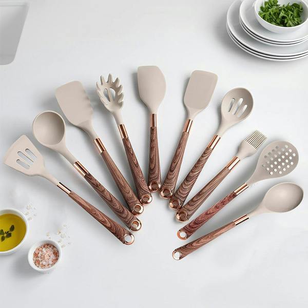 Anygleam Kitchen Utensils Non-stick Brown 10 Set Gold Plated Handle with Support Point Cooking Tool Accessories Heat Resistant Kitchenware