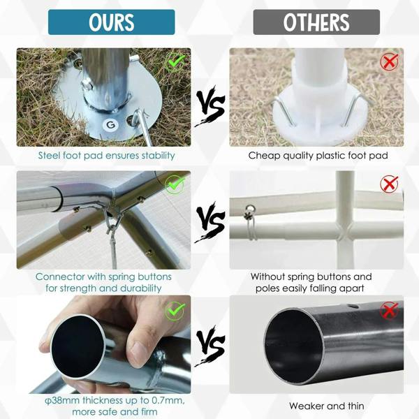 Carport canopy tent feature comparison showing stable metal foot pad and spring-button connectors