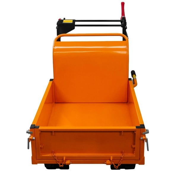 Tracked Mini Dumper Petrol Transporter in bright orange, featuring a sturdy metal body, large loading area, and ergonomic handle for easy maneuvering