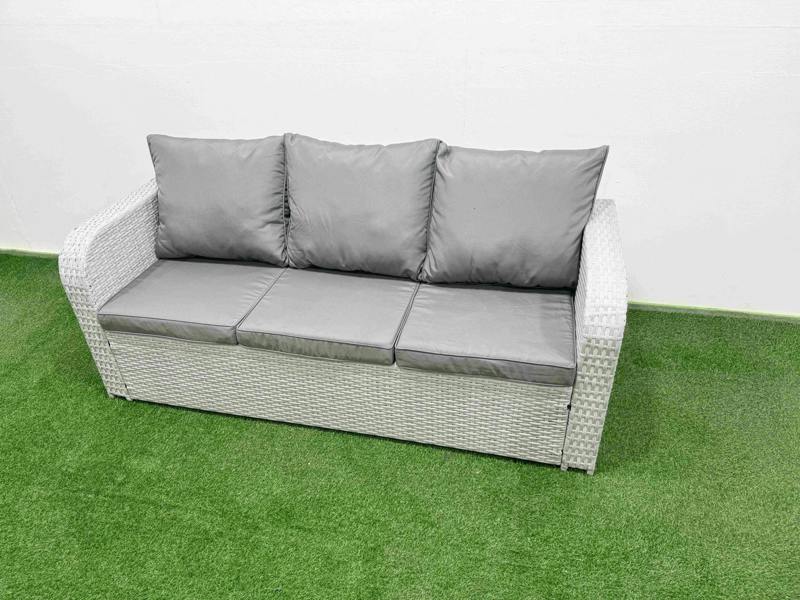 Fimous 7 Seater Patio Sofa Set, PE Rattan, Oblong Coffee Table, Reclining Chair, Loveseat, 3 Seater Sofa, Big Footstool & Side Table, Light Grey