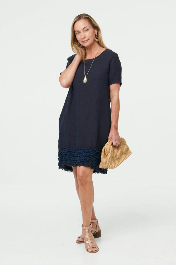 Navy | Frill Hem Short Relaxed Shift Dress