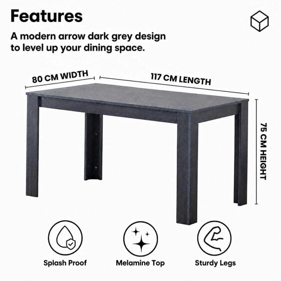 Kosy Koala Dark Grey Arrow Pattern Dining Table Set with 4 Grey Velvet Chairs, 117x77x75cm