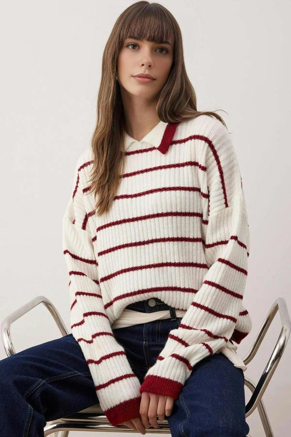 WOVCOR Polo Collar Striped Knit Sweater