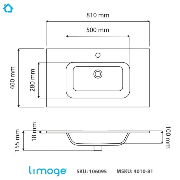 Limoge 4010 Ceramic 81cm Thin-Edge Inset Basin with Oval Bowl