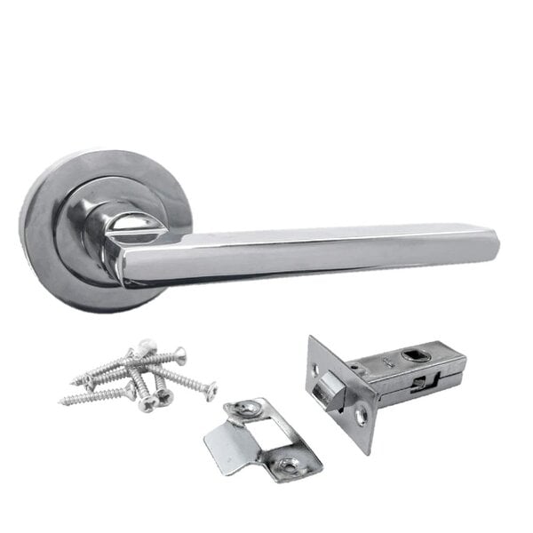 EDH Door Hardware Polished Chrome Modern Lever on Round Rose Door Handles – Handle Only or Handle + Tubular Latch - 1 Pair - Handles + 63mm Tubular Latch