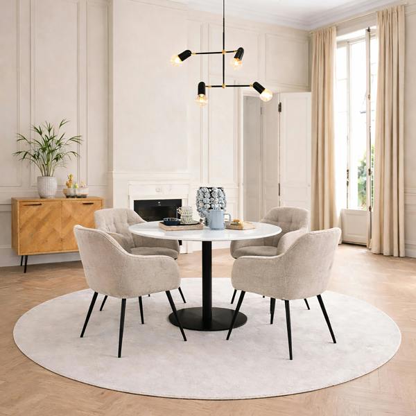 Furniture To Go Corby Round Dining Table with White Polished Marble Top & Black Base includes 4 Brooke Dining Chairs with Arm Rest in Monza Beige