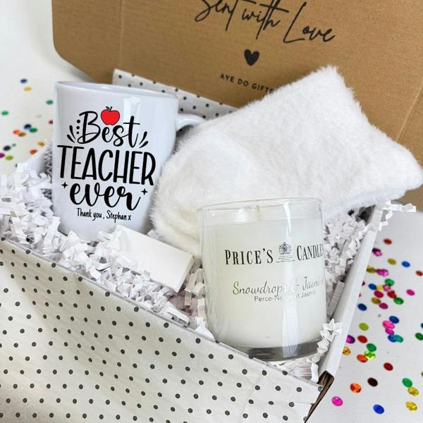 Personalised Best Teacher Ever Mug, Candle & Socks Gift Hamper | Teacher Gift