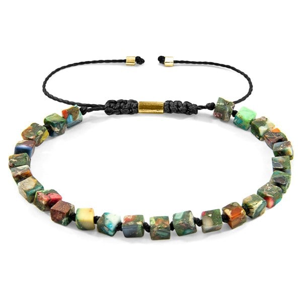 Anchor & Crew Multicoloured Imperial Jasper Ralph 9ct Yellow Gold and Stone SKINNY Macrame Bracelet