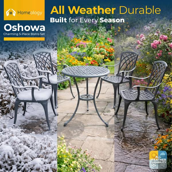 Homeology OSHOWA Luxurious Garden and Patio Table and 4 Large Chairs with Armrests Cast Aluminium Bistro Set - Grey with Black Cushions