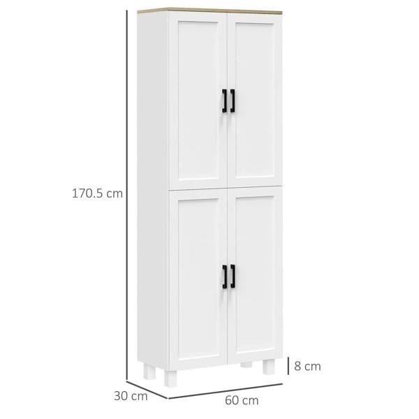 White freestanding cabinet with four doors and black bar handles, shown with size.