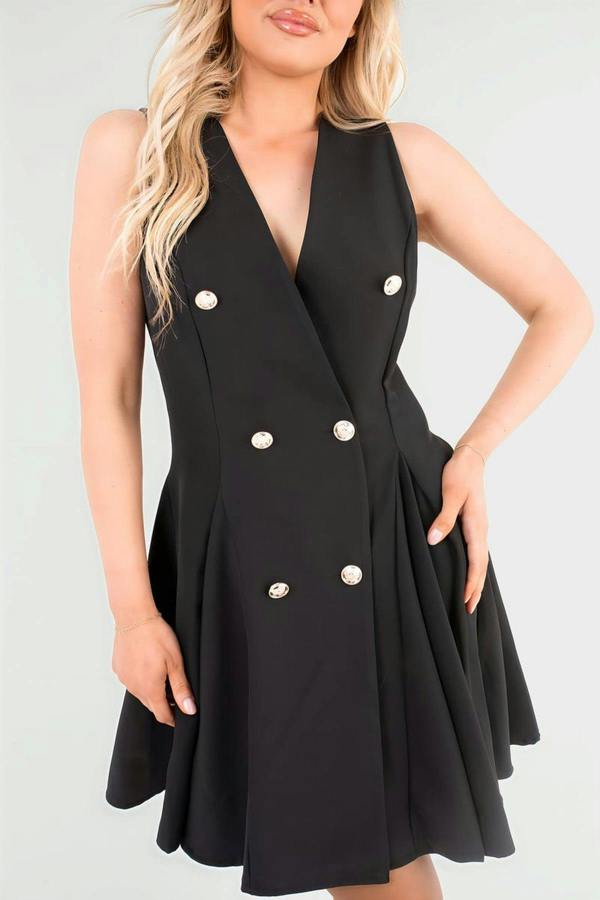 Elisse Button Front Detail Mini Dress - Black