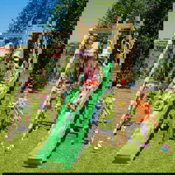 Climbing frame Rumble Ridge Rock Wall featuring single swing and slide - Best Shed