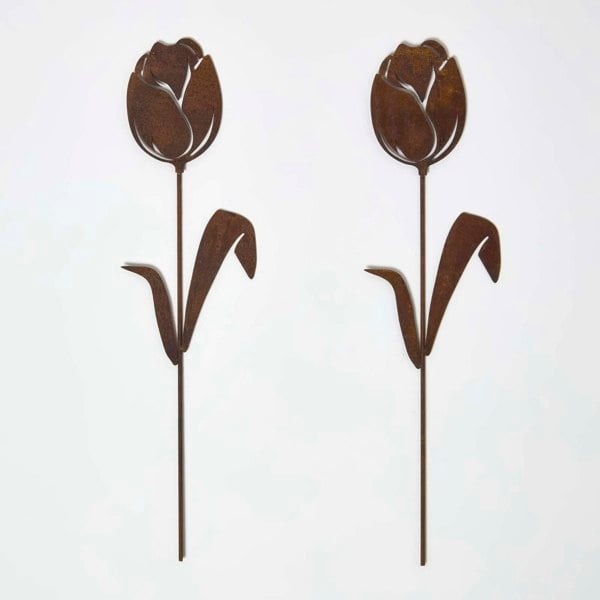 HOMESCAPES Steel Tulip Garden Stake Decorations, Set of 2