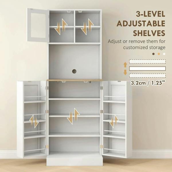 White kitchen storage cabinet with three adjustable shelf levels, open center doors