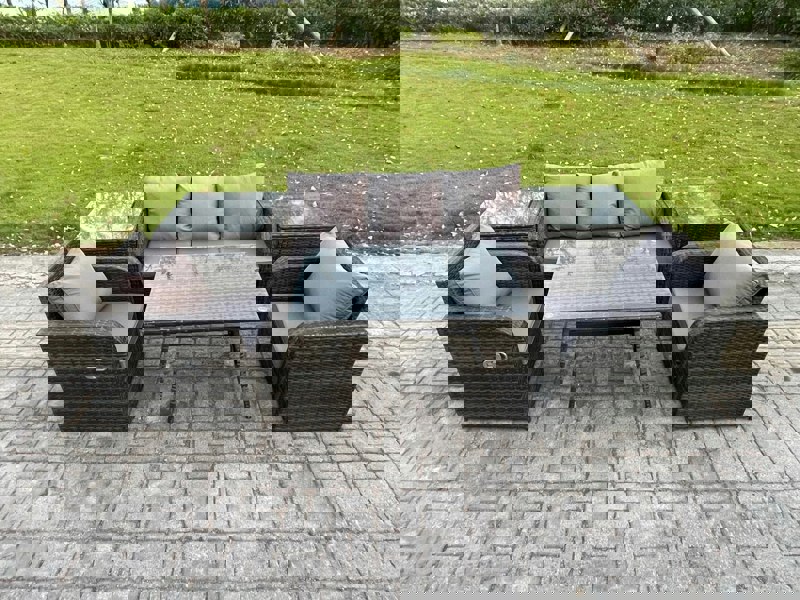Fimous Rattan Wicker Garden Furniture Patio Conservatory Sofa Set with Rectangular Dining Table Reclining Chair 3 Seater Sofa 2 Side Tables