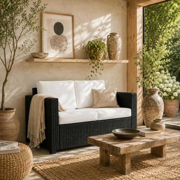 Wyld Haus Toha Rattan Black 2 Seater Outdoor Sofa With White Cushions
