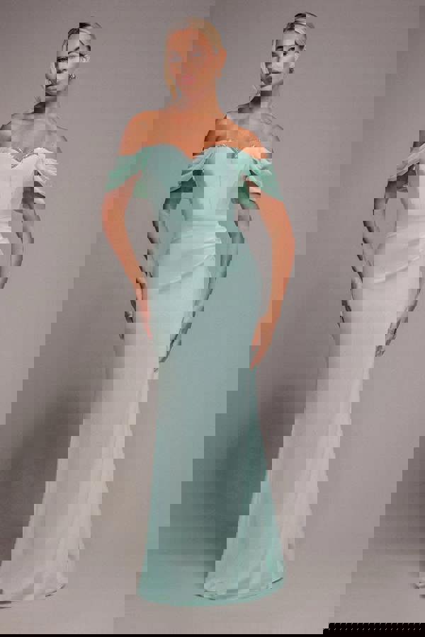 Off The Shoulder Draped Sleeve Maxi Dress With Diamante Neckline - Mint Green DR4588