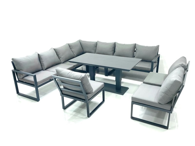 Fimous 10-Seater Outdoor Garden Aluminium Corner Sofa Dining Set with Adjustable Rising Dining Table - Dark Grey