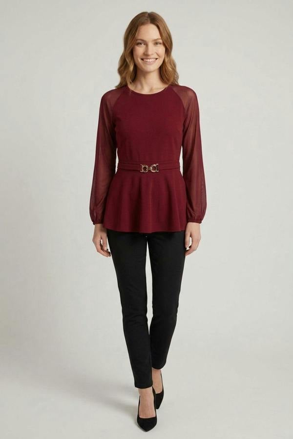 Red | Belt Detail Semi Sheer Peplum Top