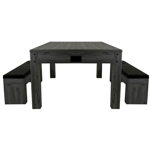 7-in-1 games table in grey with two matching storage benches, featuring a sleek design and textured wood finish for durability