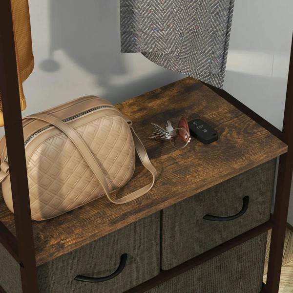 Compact clothes rail top shelf with grey drawers and curved black handles