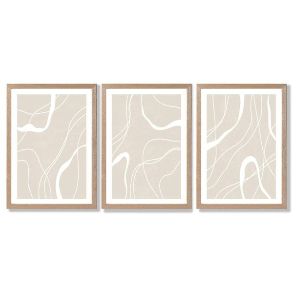 Set of 3 Abstract Neutral Beige Framed Art Prints with Light Oak Frames