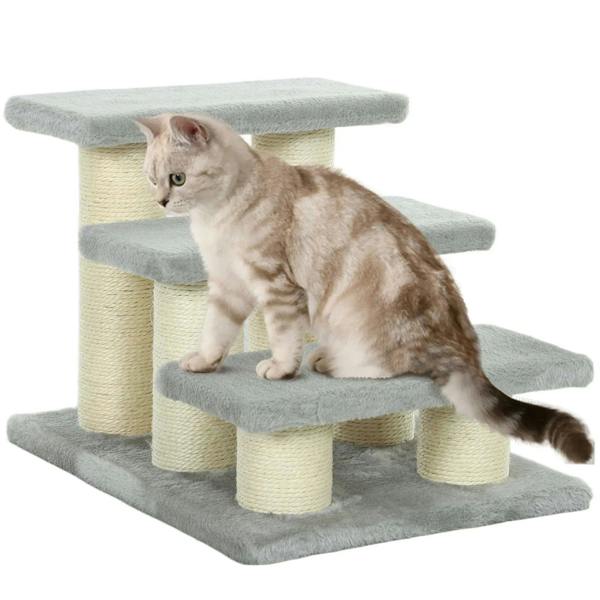 Grey 3-step pet stairs with carpeted steps and sisal-wrapped posts