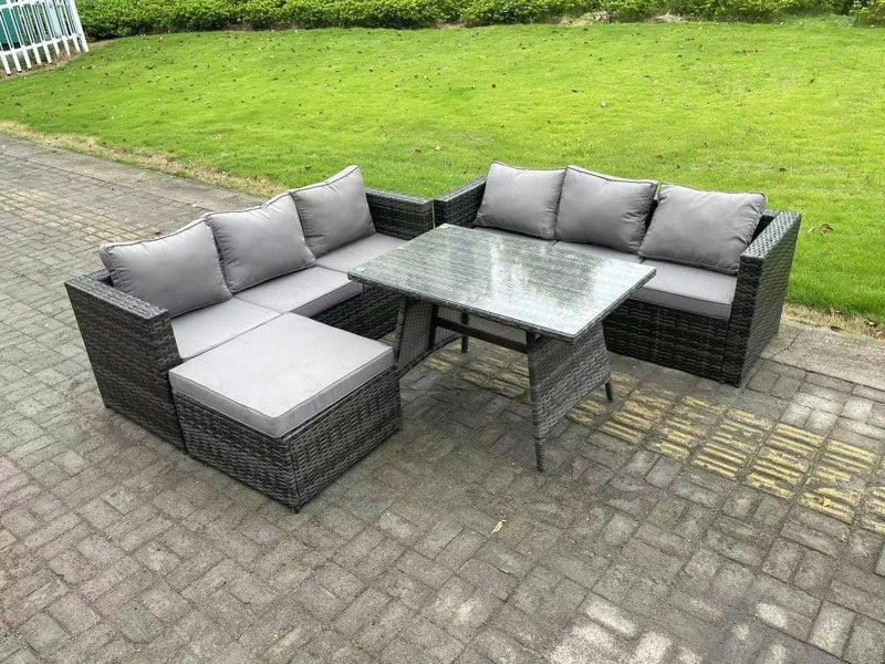 Fimous 7 Seater Wicker PE Rattan Garden Dining Set Outdoor Furniture Sofa with Dining Table Big Footstool Dark Grey Mixed