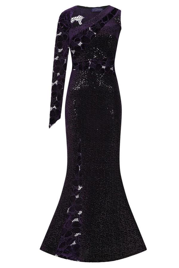 HotSquash One-Sleeve Velvet Sequin Gown