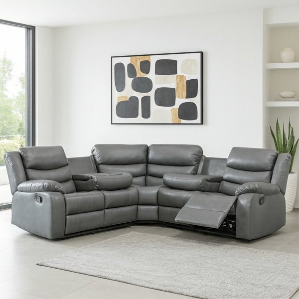 Furnishings For Less Leather 5 Seater Reclining Corner Sofa + Drinks Tray