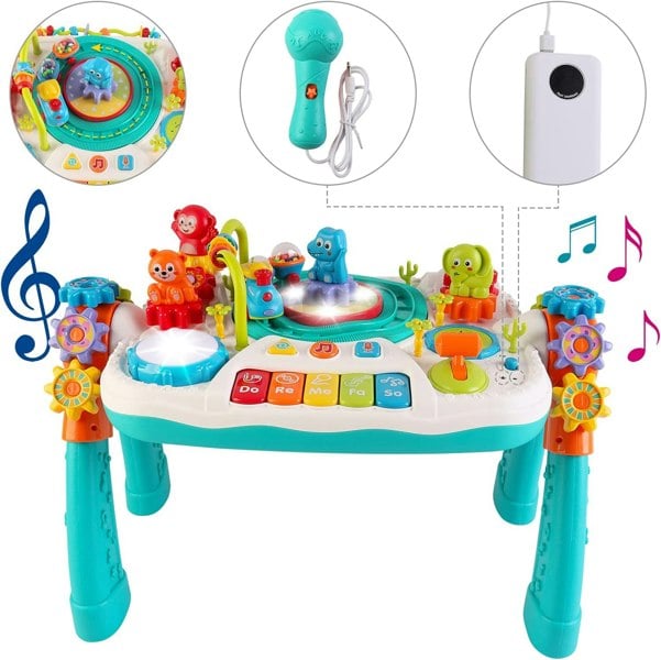 deAO Toys Children's Educational Toys 2-in-1 Multifunctional Bluetooth Learning Activity Table with Building Block Panel