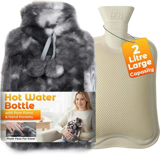 LKH HOME COLLECTION Hot Water Bottle with Cover UK 2L With Faux Fur & Pockets for Period Pain Relief Leak Resistant BPA Free Hot Bottle