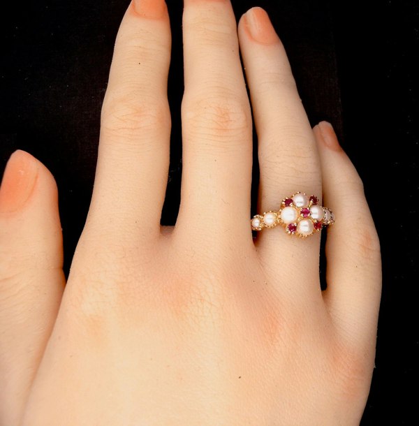 Vintage Tom A pretty pearl and ruby cluster dress ring