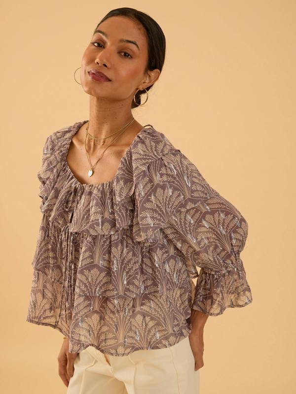 Rose & Nancy Olivia Pink Mink Sparkle Print Ruffle Blouse