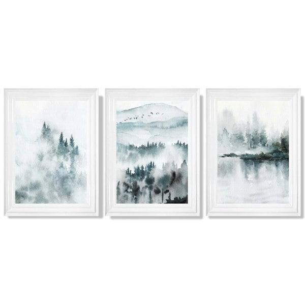 Artze Wall Art Teal Blue Abstract Forest Lake Set of 3 Framed Wall Art