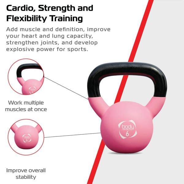 6kg pink neoprene kettlebell with a black handle, designed for strength training, featuring muscle-building and stability benefits