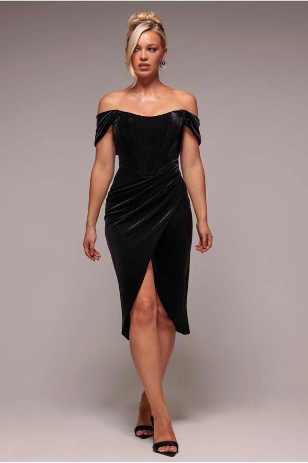 Draped Shoulder Velvet Corset Midi Dress - Black DR4066