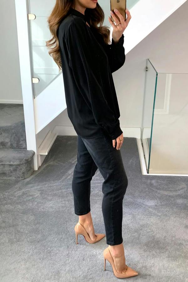 Hoxton Gal Oversized Long Sleeves Blouse Shirt with Button Details in Black