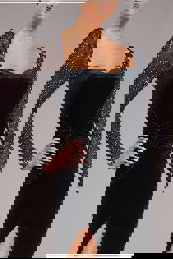 Hotfix Diamante Sleeve Front Split Velvet Maxi Dress - Black DR4383