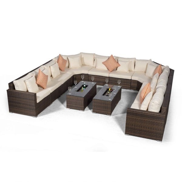 Giardino Santorini U Shape Modular 10 Seat Rattan Sofa Set With Armrest Drinks Cooler & 2 Drinks Cooler Coffee Tables