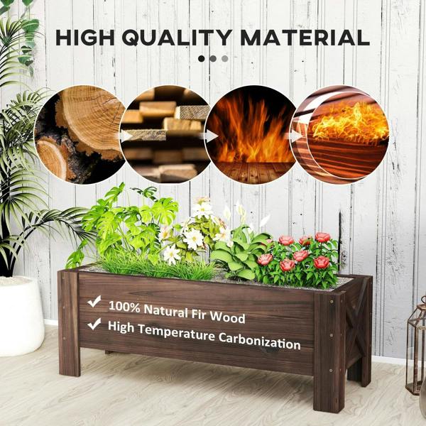 Dark brown wooden raised garden bed planter with slatted sides and corner legs
