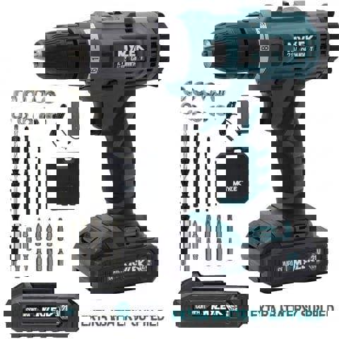 MYLEK 21V Cordless Drill With Two Li-ion Batteries And 29 Piece Accessory Set