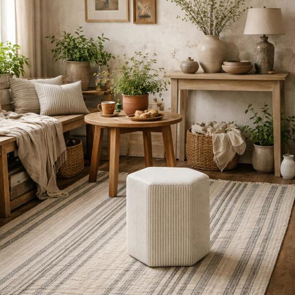 Wyld Haus Isabella Cream and White Stripe Upholstered Stool Hexagon Stool